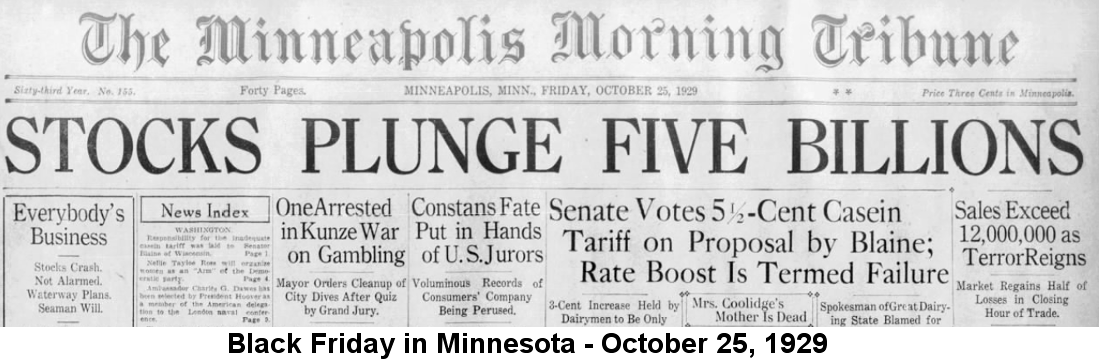 Top portion of the front page of the Minneapolis Morning Tribune for October 25, 1929; the headline reads 'Stocks Plunge Five Billions'.